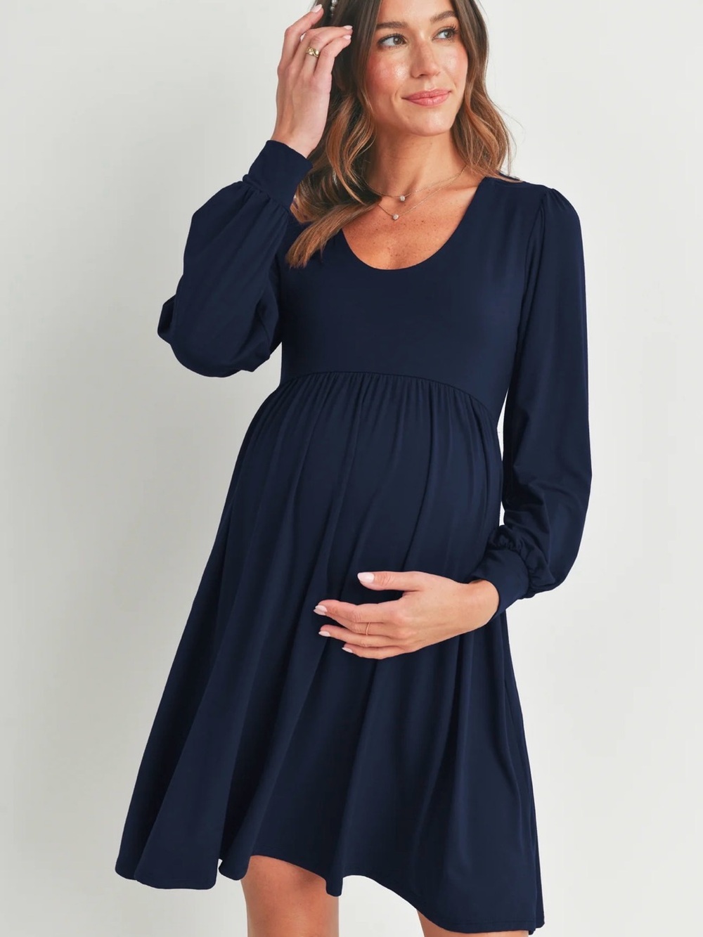 🤰 Navy Scoop-Neck Puffed Long-Sleeve Maternity Dress with Pockets